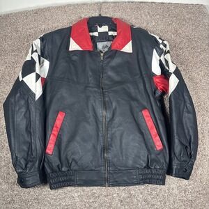 Burks Bay Mens Leather Racing Jacket Black Racing Checkered Full Zip Size M